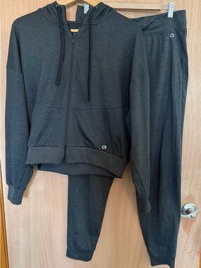 Gap Fit Brushed Tech Jersey Breathable Jogger Pants Zip Hoodie Set Heather Black